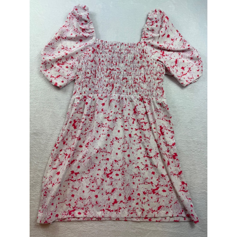Open Edit Pink White Abstract Floral Smocked Mini Dress Puff Sleeve XL summer - Picture 6 of 6